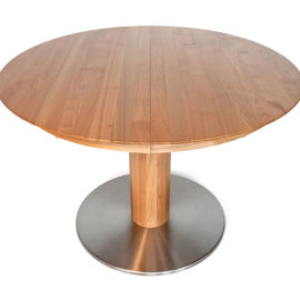 DM115 Tisch, Kirsche geölt, runde Platte, Synchronauszug mit Klappeinlage