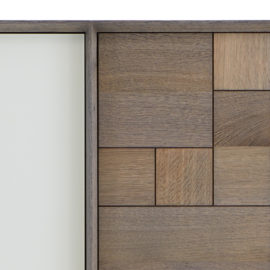 Highboard MU370 Wildeiche smoke stumpfmatt lackiert, Glas muschel satiniert