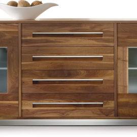 SQ038 Sideboard Nussbaum geölt, Türen satiniertes Glas, Griffleisten Edelstahl